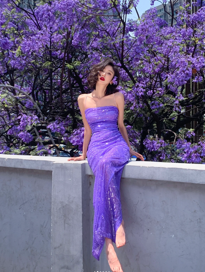 Sexy Spaghetti Straps Sheath Long Prom Dresses Sequins Purple  Evening Dresses Sleeveless Purple  Birthday Dresses  ED05637