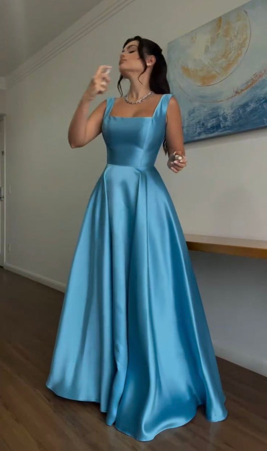 Glam Straps A-line Long Prom Dresses Satin Blue Evening Dresses Sleeveless Blue Formal Dresses   ED05639