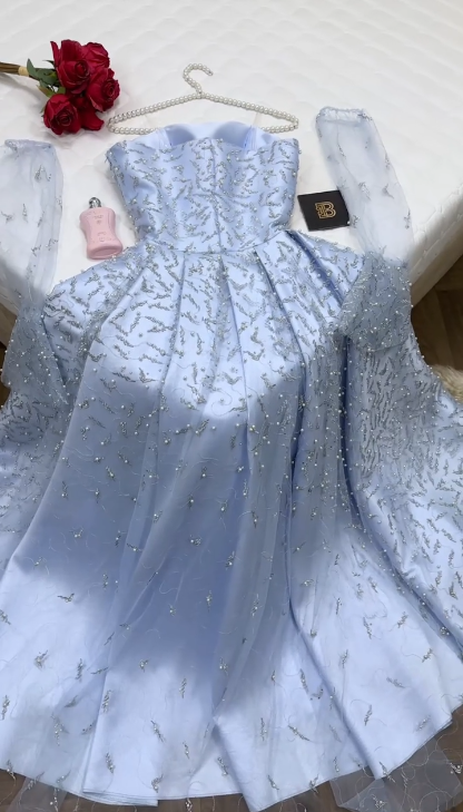 Glam Strapless A-line Long Prom Dresses  Beaded Tulle Blue Evening Dresses Satin Sleeveless Blue Formal Dresses  ED05640