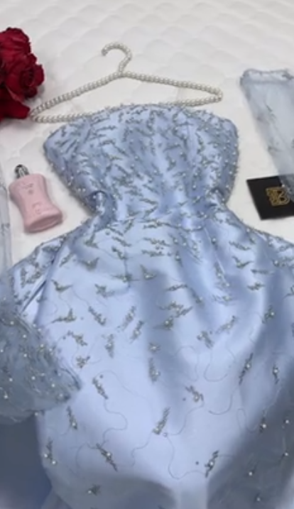 Glam Strapless A-line Long Prom Dresses  Beaded Tulle Blue Evening Dresses Satin Sleeveless Blue Formal Dresses  ED05640