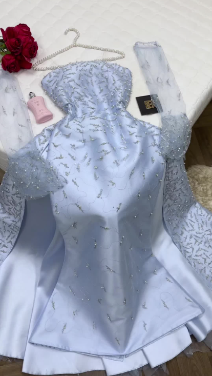 Glam Strapless A-line Long Prom Dresses  Beaded Tulle Blue Evening Dresses Satin Sleeveless Blue Formal Dresses  ED05640