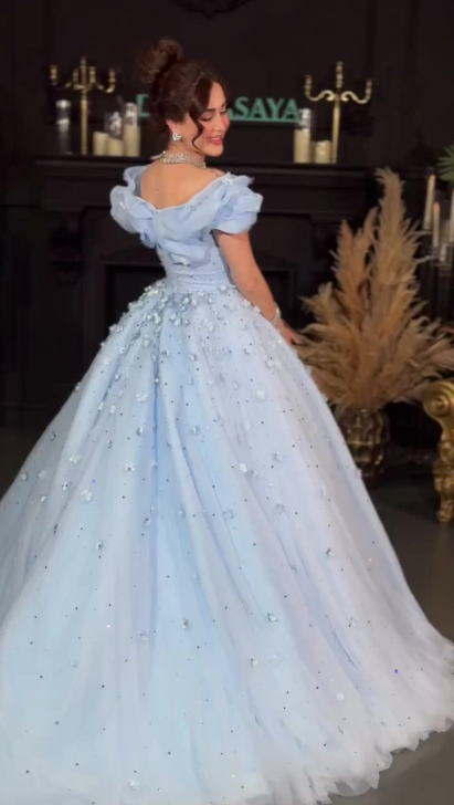 Fairy Off-shoulder A-line Long Prom Dresses Tulle Pale Blue Birthday Dresses  Sleeveless  Christmas Dresses   ED05642