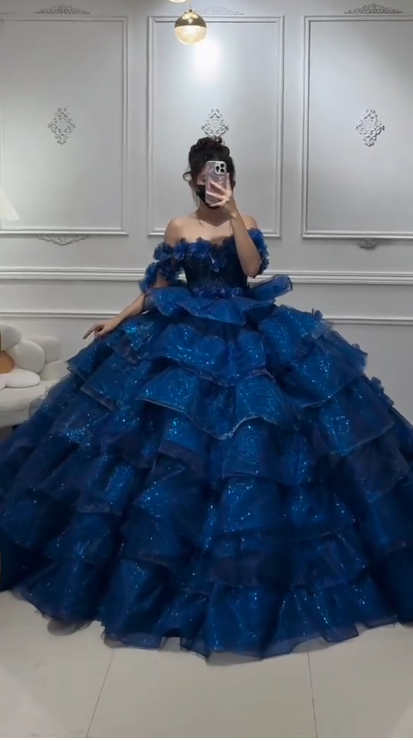 Fairy Off-shoulder A-line Long Prom Dresses Tulle Blue Quinceanera Dresses  Sleeveless Sweet 16 Dresses ED05643