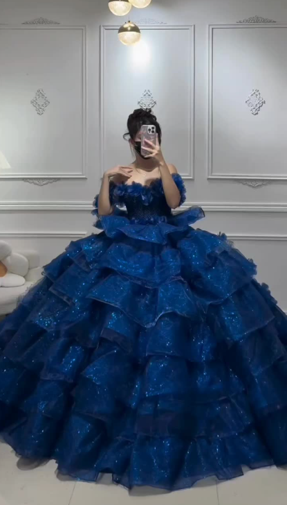 Fairy Off-shoulder A-line Long Prom Dresses Tulle Blue Quinceanera Dresses  Sleeveless Sweet 16 Dresses ED05643