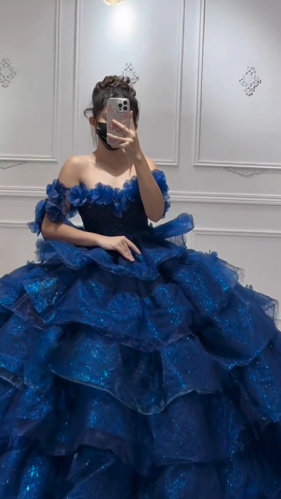 Fairy Off-shoulder A-line Long Prom Dresses Tulle Blue Quinceanera Dresses  Sleeveless Sweet 16 Dresses ED05643