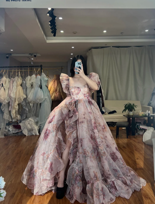 Chic Square Neck A-line Long Prom Dresses Floral Tulle Pink Evening Dresses  Sleeveless Pink Birthday Dresses ED05645