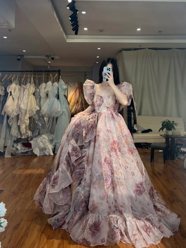 Chic Square Neck A-line Long Prom Dresses Floral Tulle Pink Evening Dresses  Sleeveless Pink Birthday Dresses ED05645