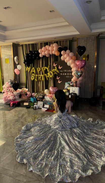 Chic Strapless A-line Long Prom Dresses Sequins Silver Evening Dresses  Sleeveless Silver Birthday Dresses ED05646