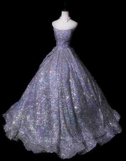 Chic Strapless A-line Long Prom Dresses Sequins Silver Evening Dresses  Sleeveless Silver Birthday Dresses ED05646