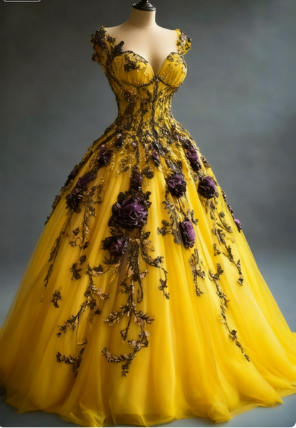 Gorgeous A-Line Long Prom Dresses Tulle Appliques Yellow Quinceanera Dresses   ED05649