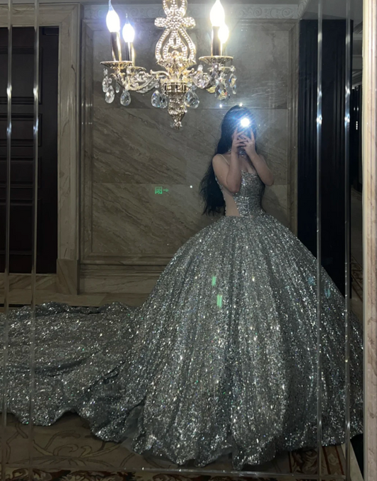 Gorgeous Spaghetti Straps A-Line Long Prom Dresses Sequins Silver Birthday Dresses   ED05650
