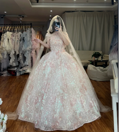 Gorgeous Strapless A-Line Long Prom Dresses Sequins Tulle Pink Birthday Dresses  Sleeveless Pink Sweet 16 Dresses ED05651