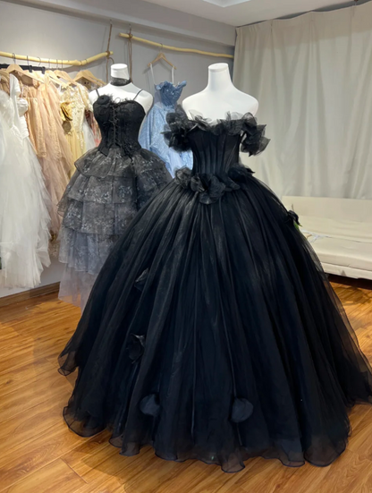 Gorgeous Off-shoulder A-Line Long Prom Dresses Tulle Black Birthday Dresses   Black Sweet 16 Dresses ED05652