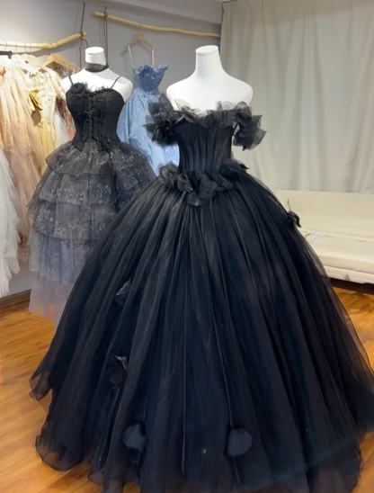 Gorgeous Off-shoulder A-Line Long Prom Dresses Tulle Black Birthday Dresses   Black Sweet 16 Dresses ED05652