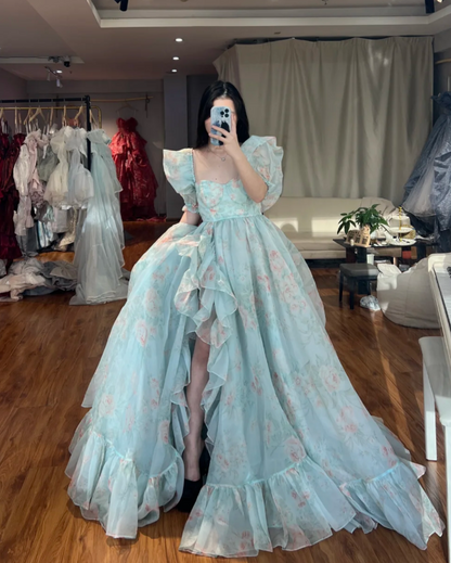 Gorgeous Square Neck A-Line Long Prom Dresses Floral Tulle Tiffany Blue Birthday Dresses  Tiffany Blue Formal Dresses ED05653