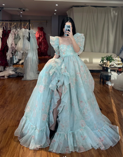 Gorgeous Square Neck A-Line Long Prom Dresses Floral Tulle Tiffany Blue Birthday Dresses  Tiffany Blue Formal Dresses ED05653