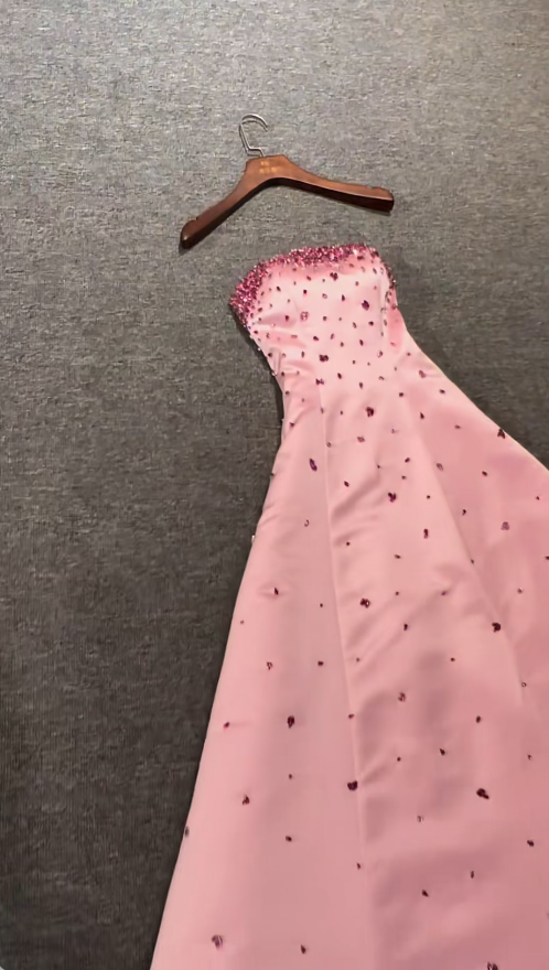 Chic Strapless A-Line Long Prom Dresses Beaded Satin Pink Birthday Dresses  Sleeveless Pink Formal Dresses ED05654