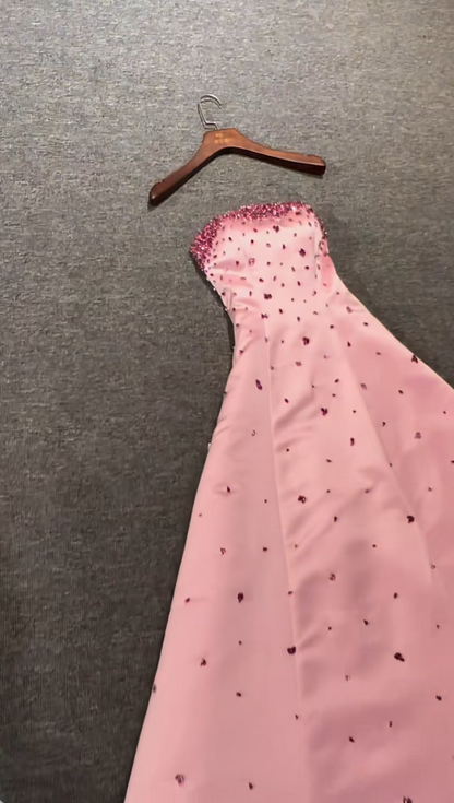 Chic Strapless A-Line Long Prom Dresses Beaded Satin Pink Birthday Dresses  Sleeveless Pink Formal Dresses ED05654