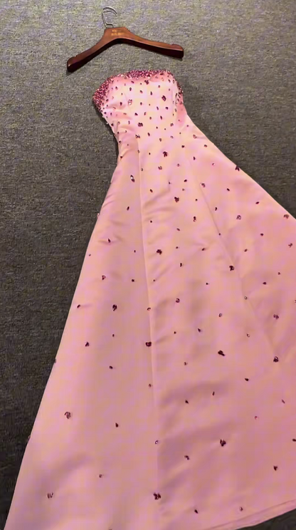 Chic Strapless A-Line Long Prom Dresses Beaded Satin Pink Birthday Dresses  Sleeveless Pink Formal Dresses ED05654