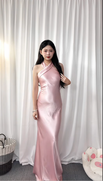 Chic Halter Sheath Long Prom Dresses Satin Pink Wedding  Guest Dresses Pink Bridesmaid Dresses ED05658