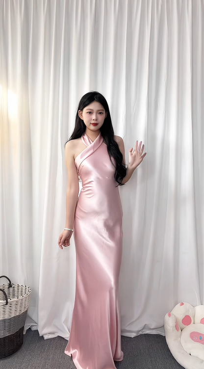 Chic Halter Sheath Long Prom Dresses Satin Pink Wedding  Guest Dresses Pink Bridesmaid Dresses ED05658
