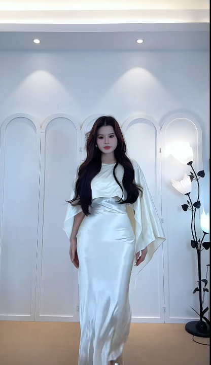 Simple Spaghetti Straps Sheath Long Prom Dresses Satin White Wedding  Guest Dresses with Cape ED05659