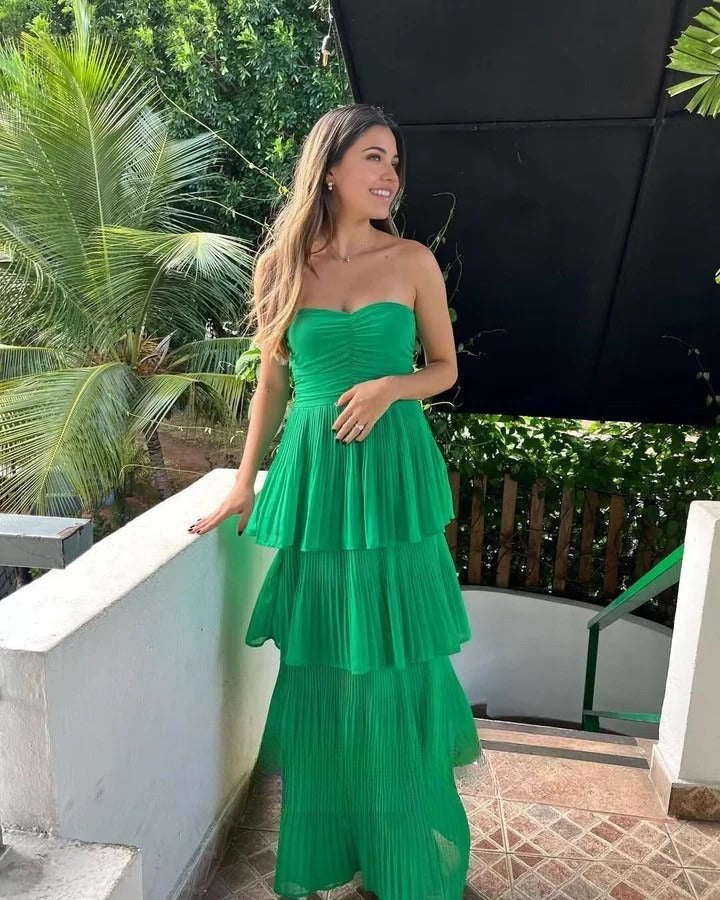 Simple Strapless Sheath Long Prom Dresses Chiffon Green Wedding  Guest Dresses  Sleeveless Bridesmaid Dresses ED05660
