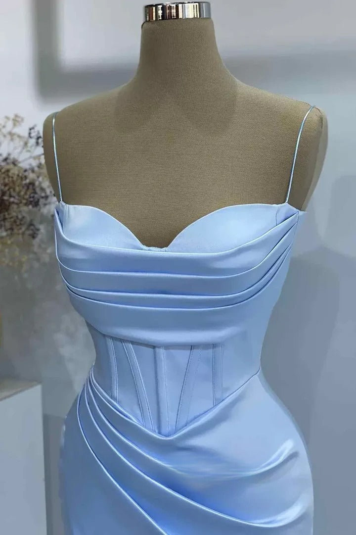 Simple Spaghetti Straps Sheath Long Prom Dresses Satin Blue Wedding  Guest Dresses with Slit ED05661