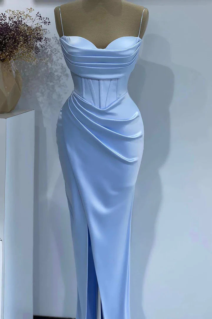 Simple Spaghetti Straps Sheath Long Prom Dresses Satin Blue Wedding  Guest Dresses with Slit ED05661