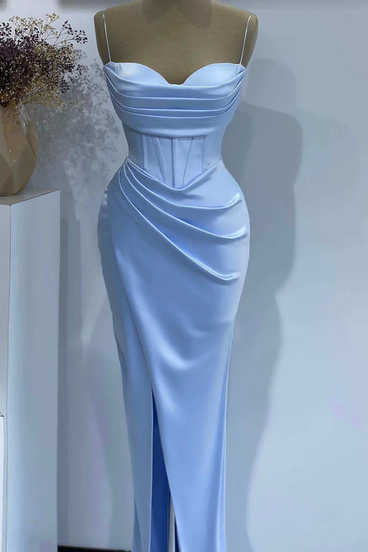 Simple Spaghetti Straps Sheath Long Prom Dresses Satin Blue Wedding  Guest Dresses with Slit ED05661