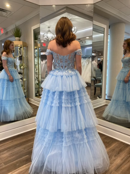 Elegant Off-shoulder A-Line Long Prom Dresses Tulle Blue Evening Dresses Applique Blue Birthday Dresses ED05665