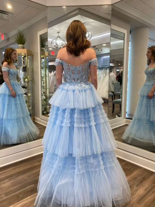 Elegant Off-shoulder A-Line Long Prom Dresses Tulle Blue Evening Dresses Applique Blue Birthday Dresses ED05665