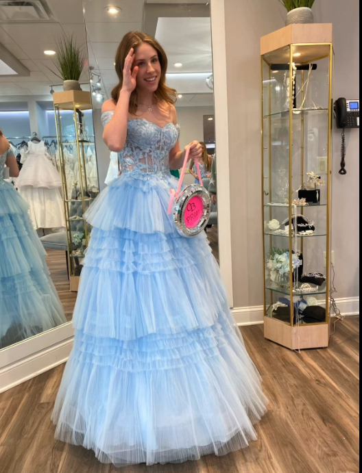 Elegant Off-shoulder A-Line Long Prom Dresses Tulle Blue Evening Dresses Applique Blue Birthday Dresses ED05665