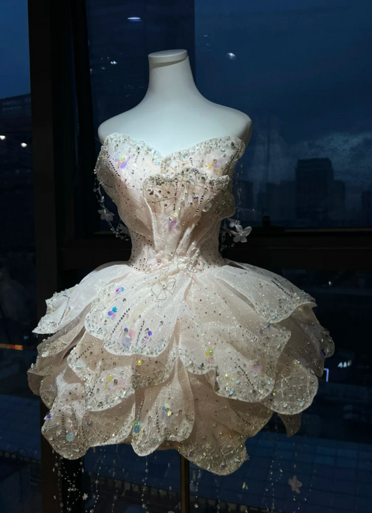 Cute Sweetheart A-Line Short Prom Dresses Tulle Beaded Pink Homecoming Dresses Sleeveless Glitter Christmas Dresses ED05669