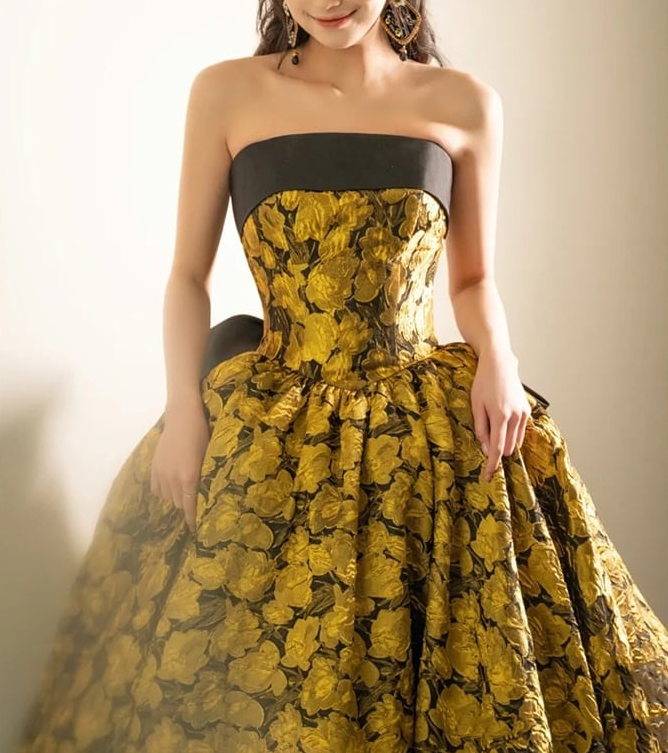 A-Linie Gelb Satin Spitze Langes Ballkleid, Gelbes Langes Abendkleid ED0567