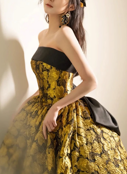 A-Linie Gelb Satin Spitze Langes Ballkleid, Gelbes Langes Abendkleid ED0567