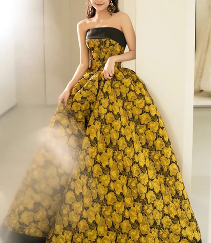 A-Linie Gelb Satin Spitze Langes Ballkleid, Gelbes Langes Abendkleid ED0567