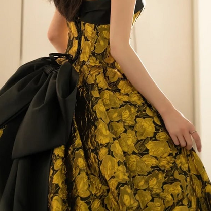 A-Linie Gelb Satin Spitze Langes Ballkleid, Gelbes Langes Abendkleid ED0567
