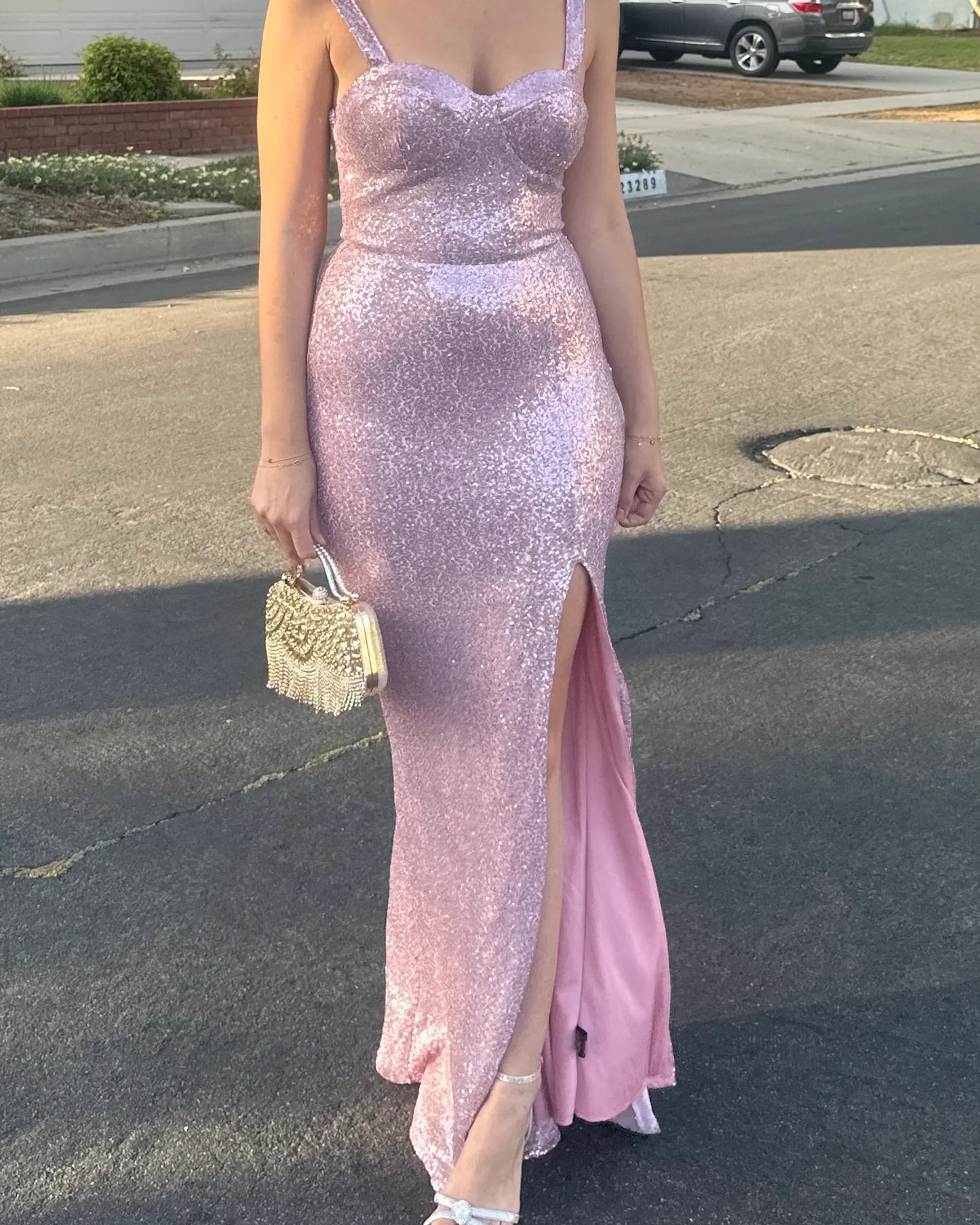 Sexy Spaghetti Straps Sheath Long Prom Dresses Sequins Pink Evening Dresses with Slit Sleeveless Pink Christmas Dresses  ED05671