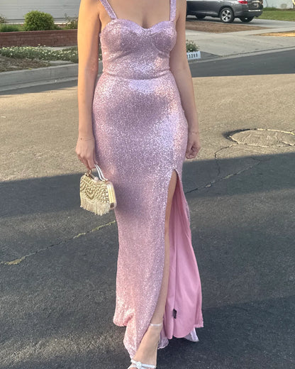 Sexy Spaghetti Straps Sheath Long Prom Dresses Sequins Pink Evening Dresses with Slit Sleeveless Pink Christmas Dresses  ED05671