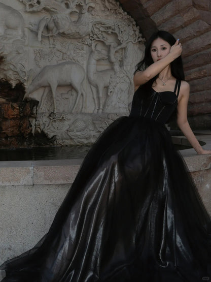 Simple Spaghetti Straps A-Line Long Prom Dresses Tulle Black Evening Gowns Sleeveless Party Dresses ED05673