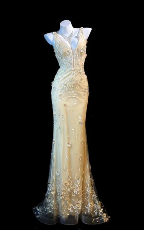 Vintage  V-neck Sheath Long Prom Dresses Tulle Appliques Apricot Evening Gowns Sleeveless Party Dresses ED05674