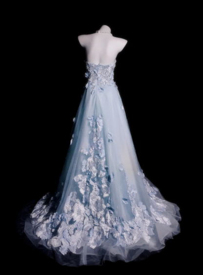 Fairy Strapless A-Line Long Prom Dresses Tulle Appliques Blue Evening Gowns Sleeveless Birthday Dresses ED05675
