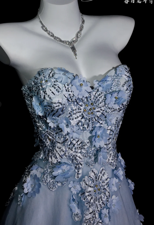 Fairy Strapless A-Line Long Prom Dresses Tulle Appliques Blue Evening Gowns Sleeveless Birthday Dresses ED05675