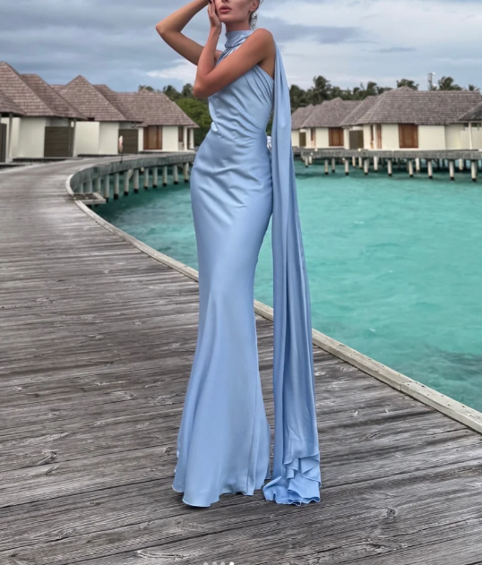 Simple Halter Sheath Long Prom Dresses Satin Blue Evening Gowns Sleeveless Wedding Guest Dresses ED05676