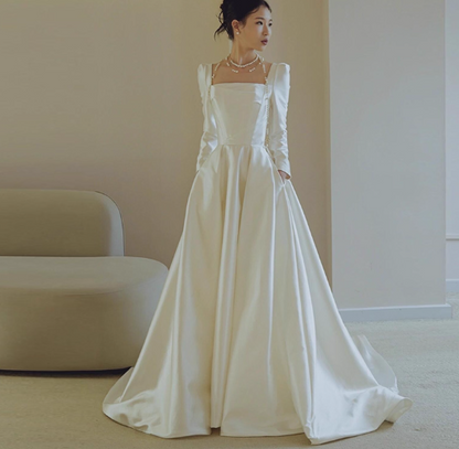 Simple Square Neck A-Line Long Wedding Dresses Satin White Bridal Gowns Long Sleeves Bridal Dresses ED05677