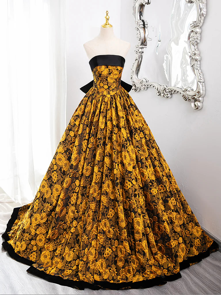 A-Linie Gelb Satin Spitze Langes Ballkleid, Gelbes Langes Abendkleid ED0567