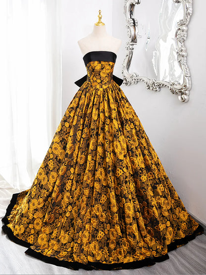 A-Linie Gelb Satin Spitze Langes Ballkleid, Gelbes Langes Abendkleid ED0567
