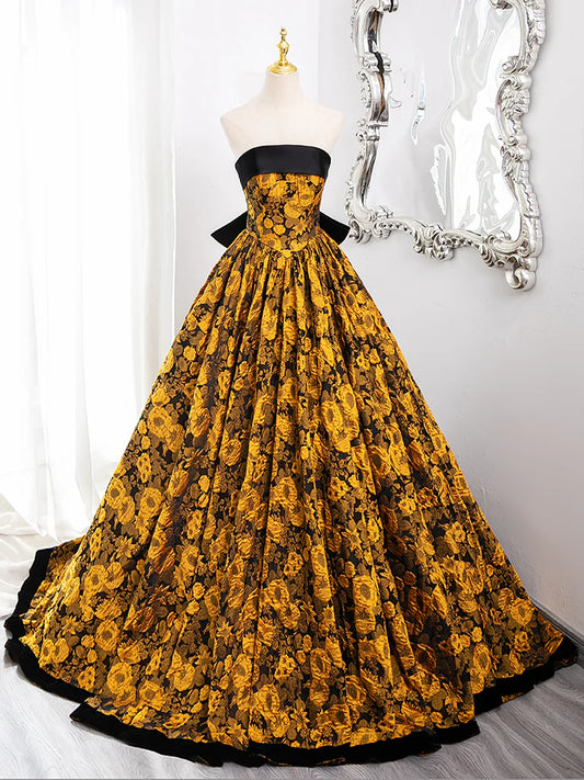 Robe de bal longue en satin jaune et dentelle, coupe trapèze, robe de soirée longue jaune ED0567