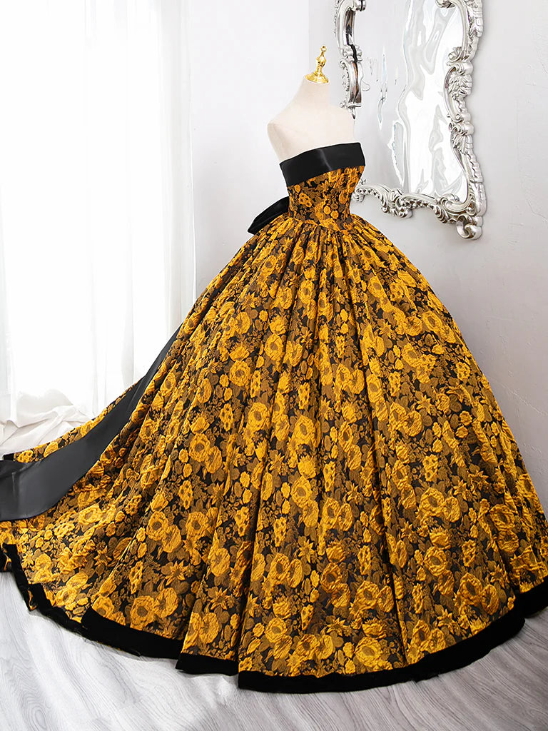 A-Linie Gelb Satin Spitze Langes Ballkleid, Gelbes Langes Abendkleid ED0567